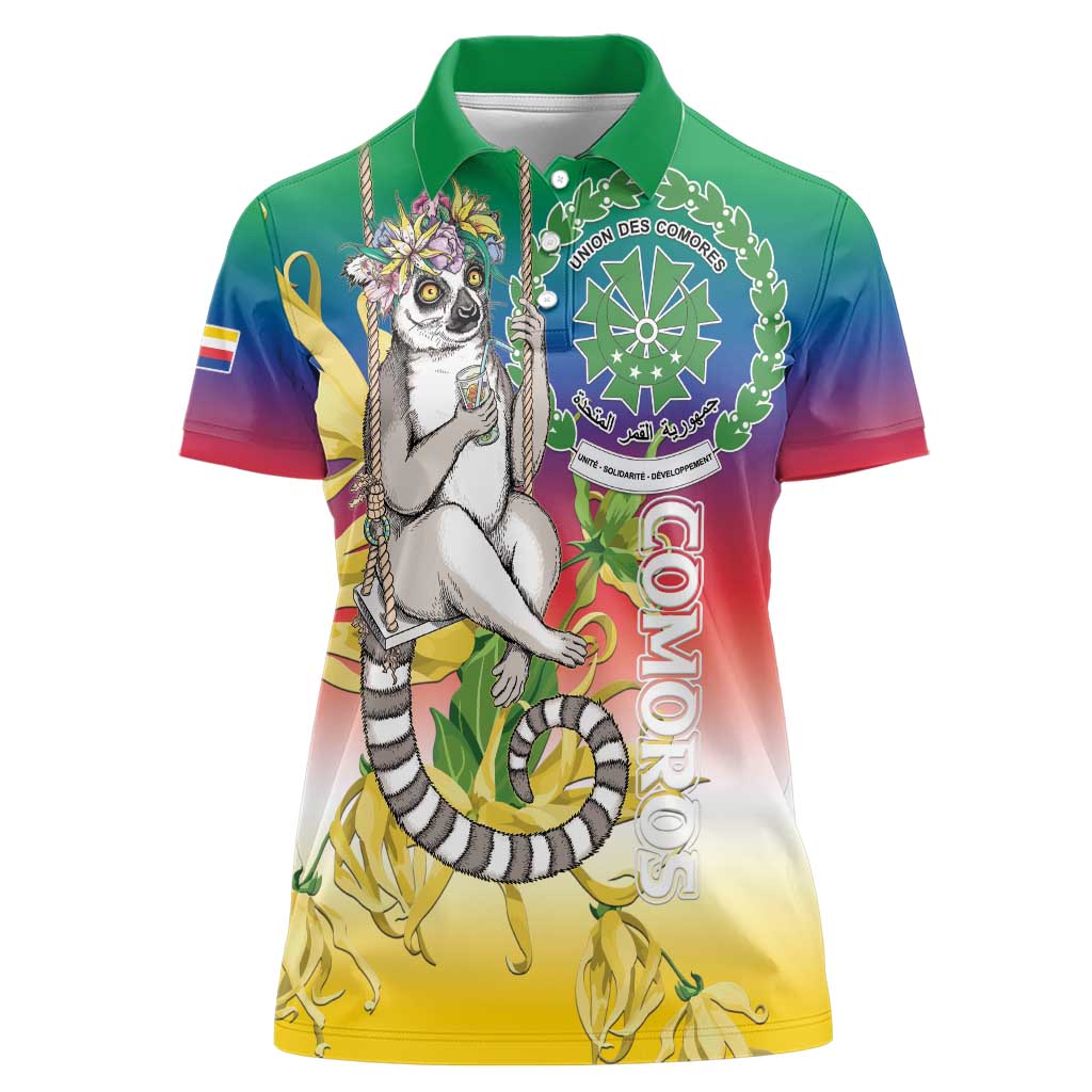Comoros Mongoose Lemur Women Polo Shirt Coat Of Arms With Ylang Ylang