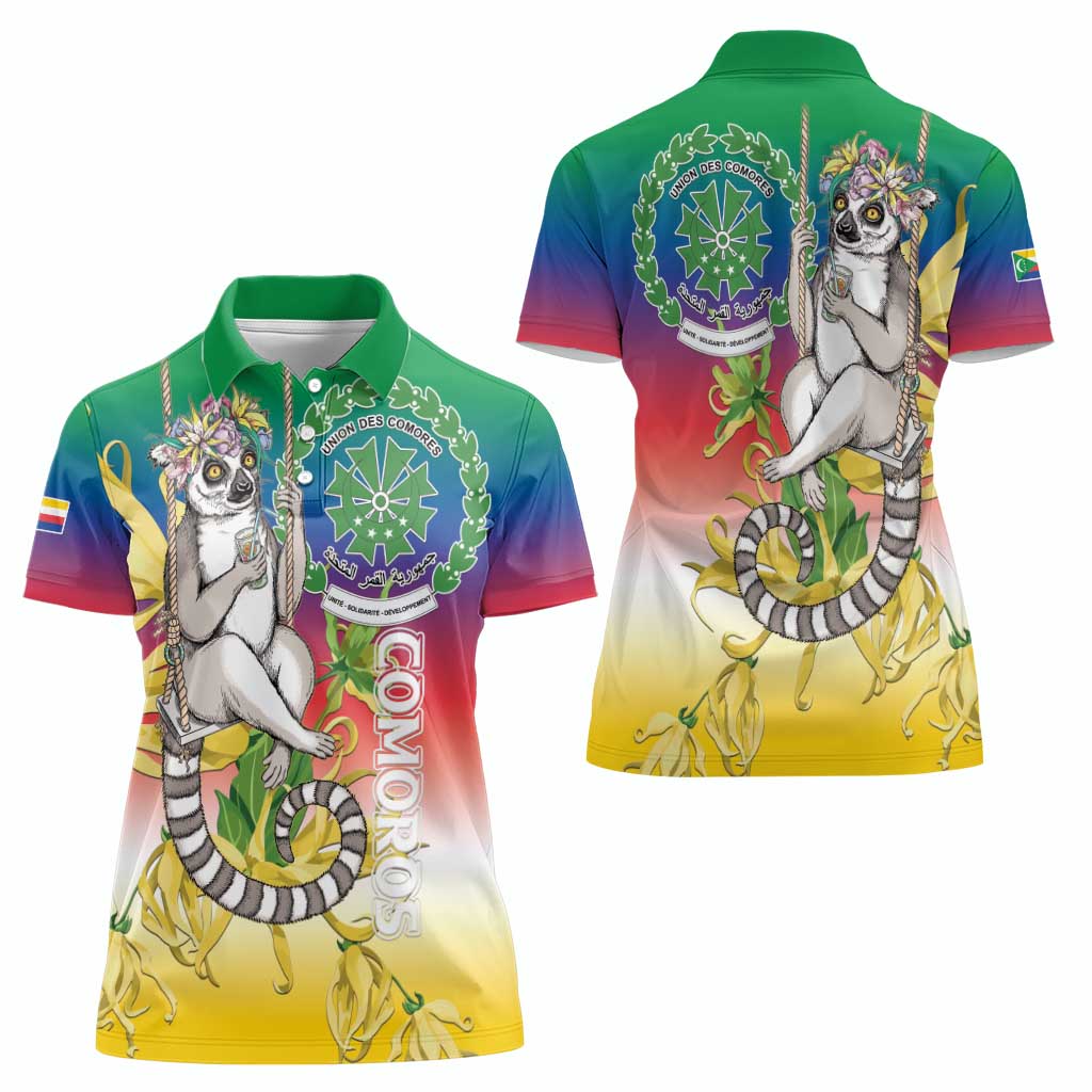 Comoros Mongoose Lemur Women Polo Shirt Coat Of Arms With Ylang Ylang