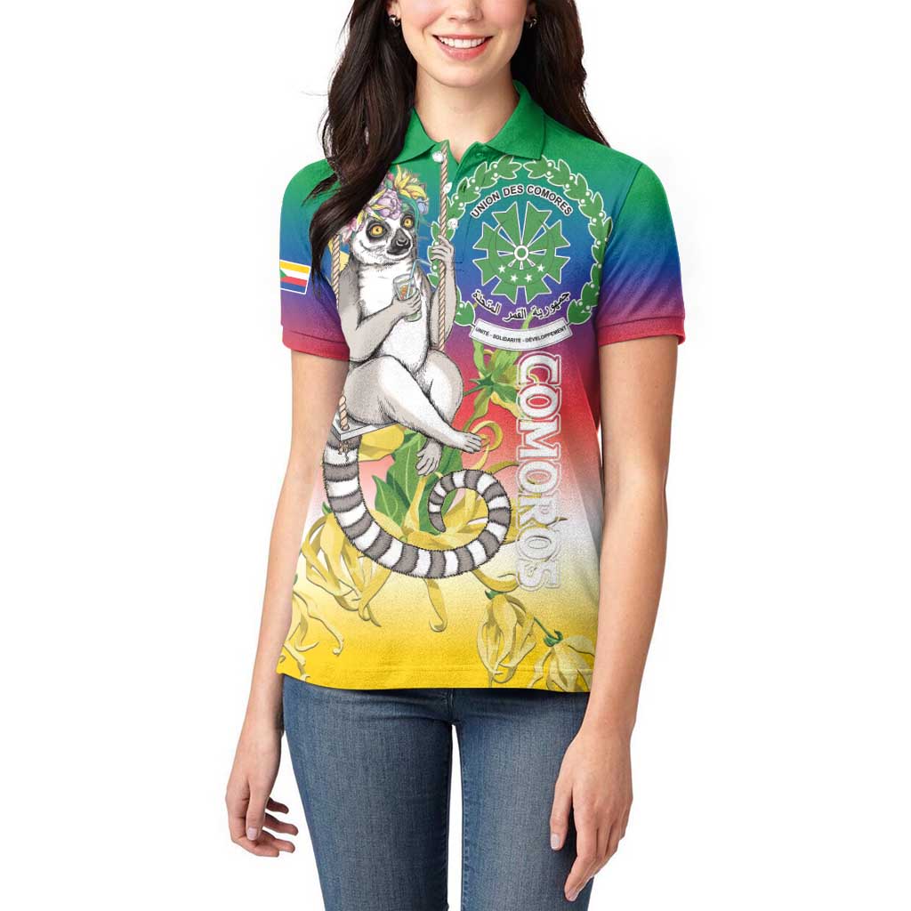 Comoros Mongoose Lemur Women Polo Shirt Coat Of Arms With Ylang Ylang