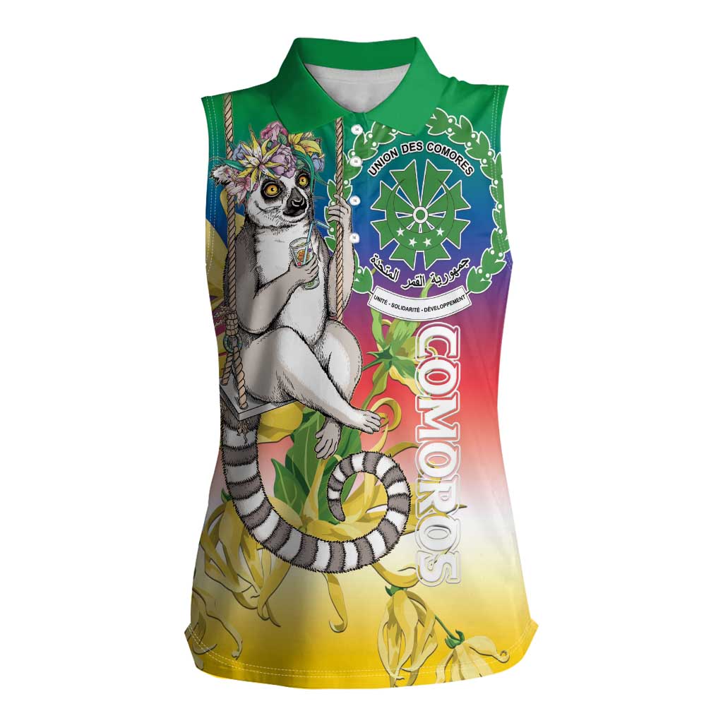 Comoros Mongoose Lemur Women Sleeveless Polo Shirt Coat Of Arms With Ylang Ylang