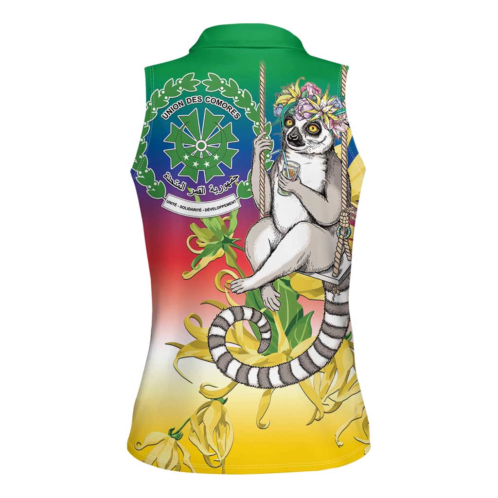 Comoros Mongoose Lemur Women Sleeveless Polo Shirt Coat Of Arms With Ylang Ylang