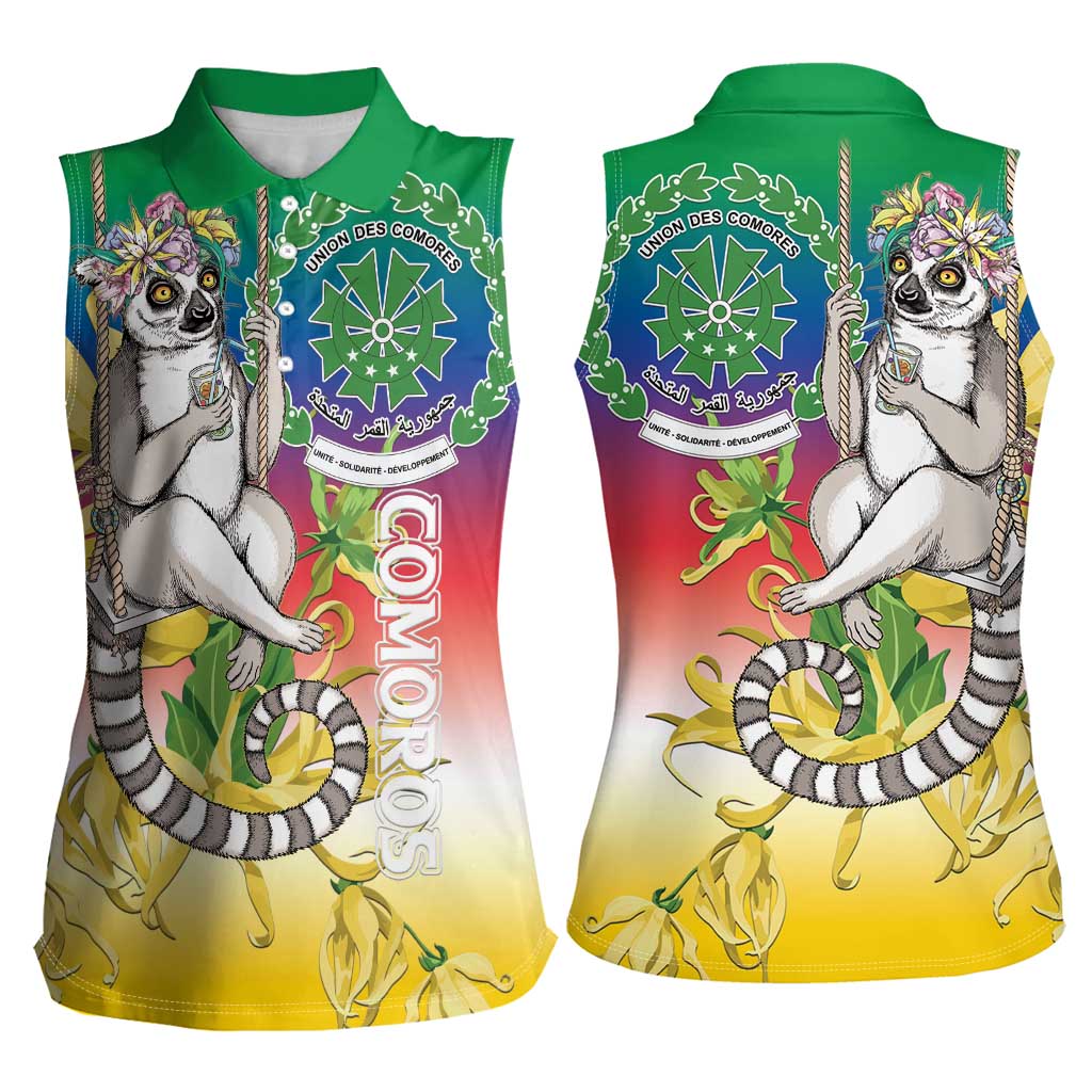 Comoros Mongoose Lemur Women Sleeveless Polo Shirt Coat Of Arms With Ylang Ylang