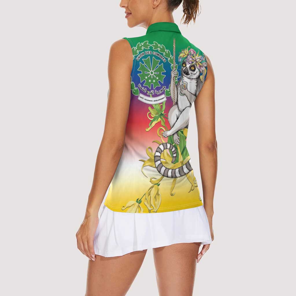 Comoros Mongoose Lemur Women Sleeveless Polo Shirt Coat Of Arms With Ylang Ylang