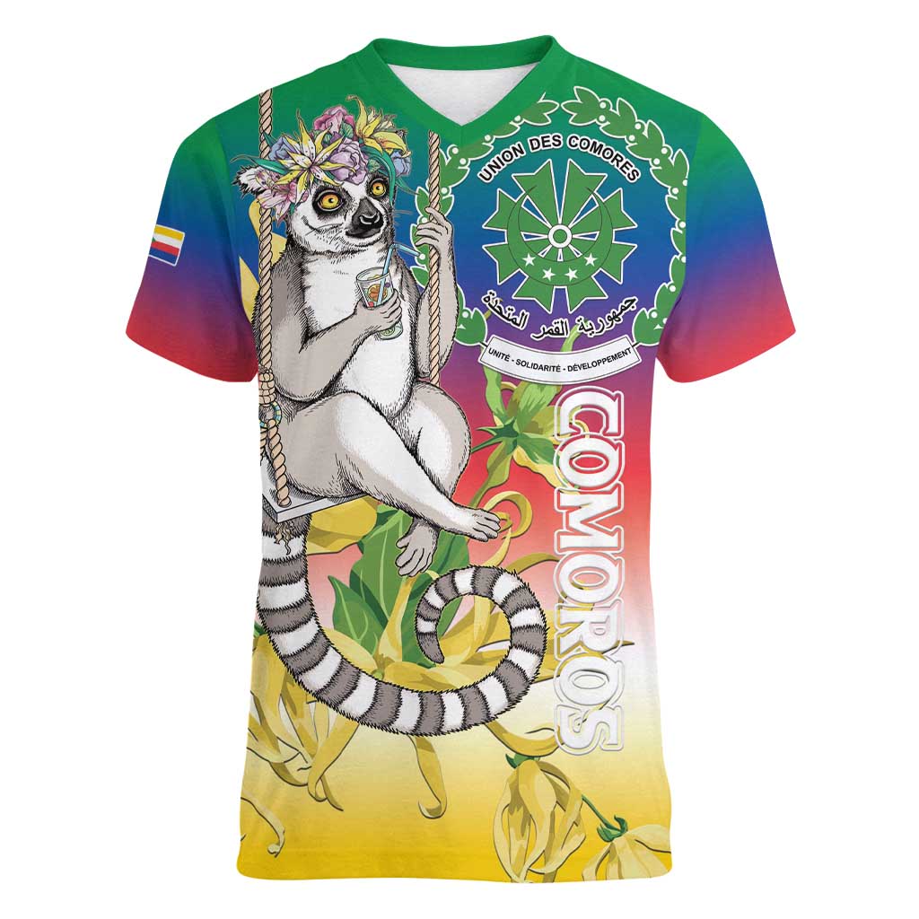 Comoros Mongoose Lemur Women V-Neck T-Shirt Coat Of Arms With Ylang Ylang