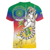 Comoros Mongoose Lemur Women V-Neck T-Shirt Coat Of Arms With Ylang Ylang