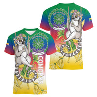 Comoros Mongoose Lemur Women V-Neck T-Shirt Coat Of Arms With Ylang Ylang
