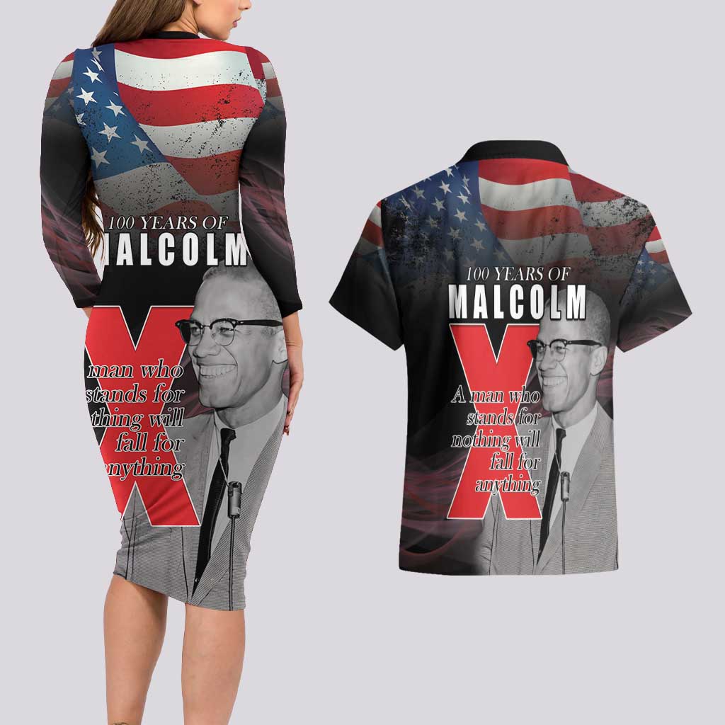 African American El Hajj Malik El Shabazz Couples Matching Long Sleeve Bodycon Dress and Hawaiian Shirt 100 Years of Malcolm X