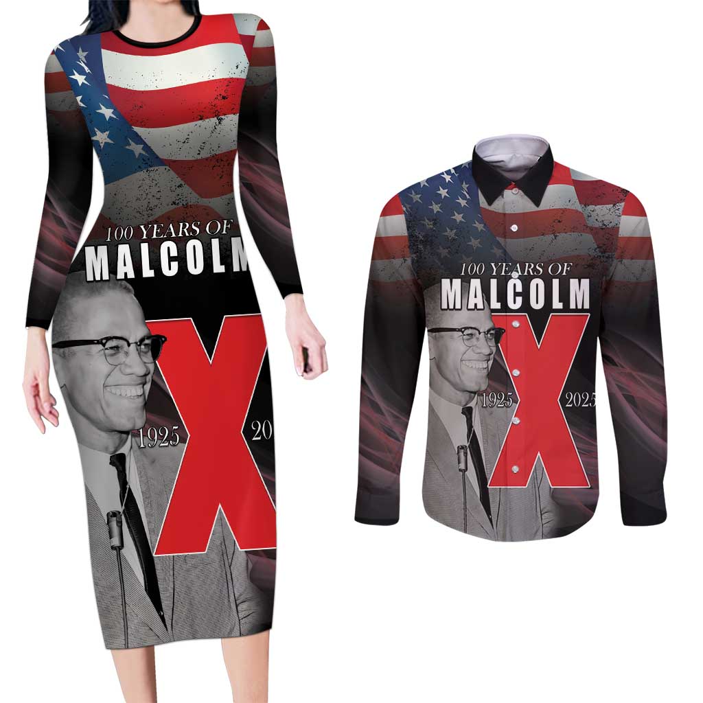 African American El Hajj Malik El Shabazz Couples Matching Long Sleeve Bodycon Dress and Long Sleeve Button Shirt 100 Years of Malcolm X