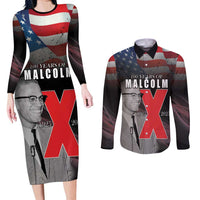 African American El Hajj Malik El Shabazz Couples Matching Long Sleeve Bodycon Dress and Long Sleeve Button Shirt 100 Years of Malcolm X