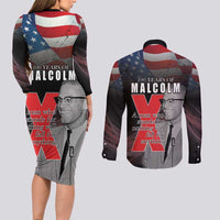 African American El Hajj Malik El Shabazz Couples Matching Long Sleeve Bodycon Dress and Long Sleeve Button Shirt 100 Years of Malcolm X