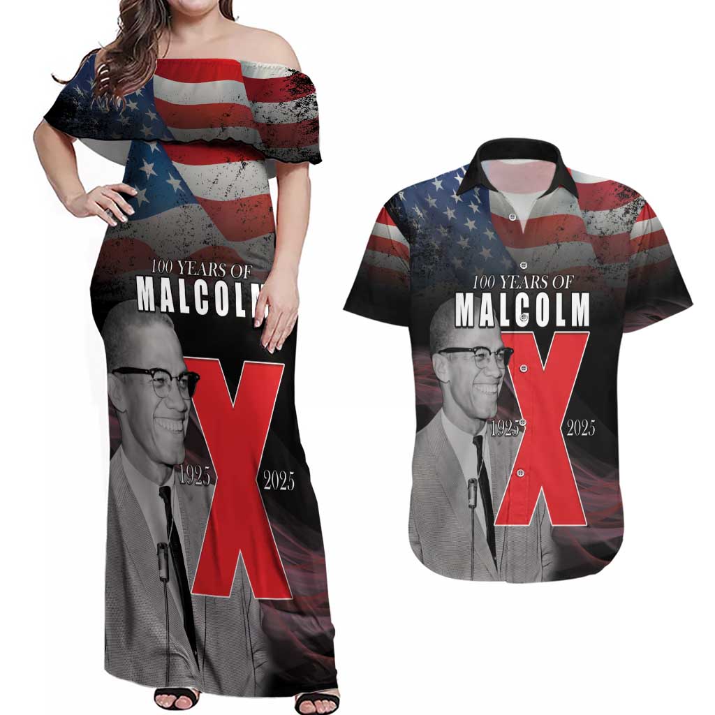 African American El Hajj Malik El Shabazz Couples Matching Off Shoulder Maxi Dress and Hawaiian Shirt 100 Years of Malcolm X