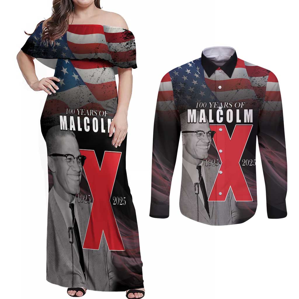 African American El Hajj Malik El Shabazz Couples Matching Off Shoulder Maxi Dress and Long Sleeve Button Shirt 100 Years of Malcolm X