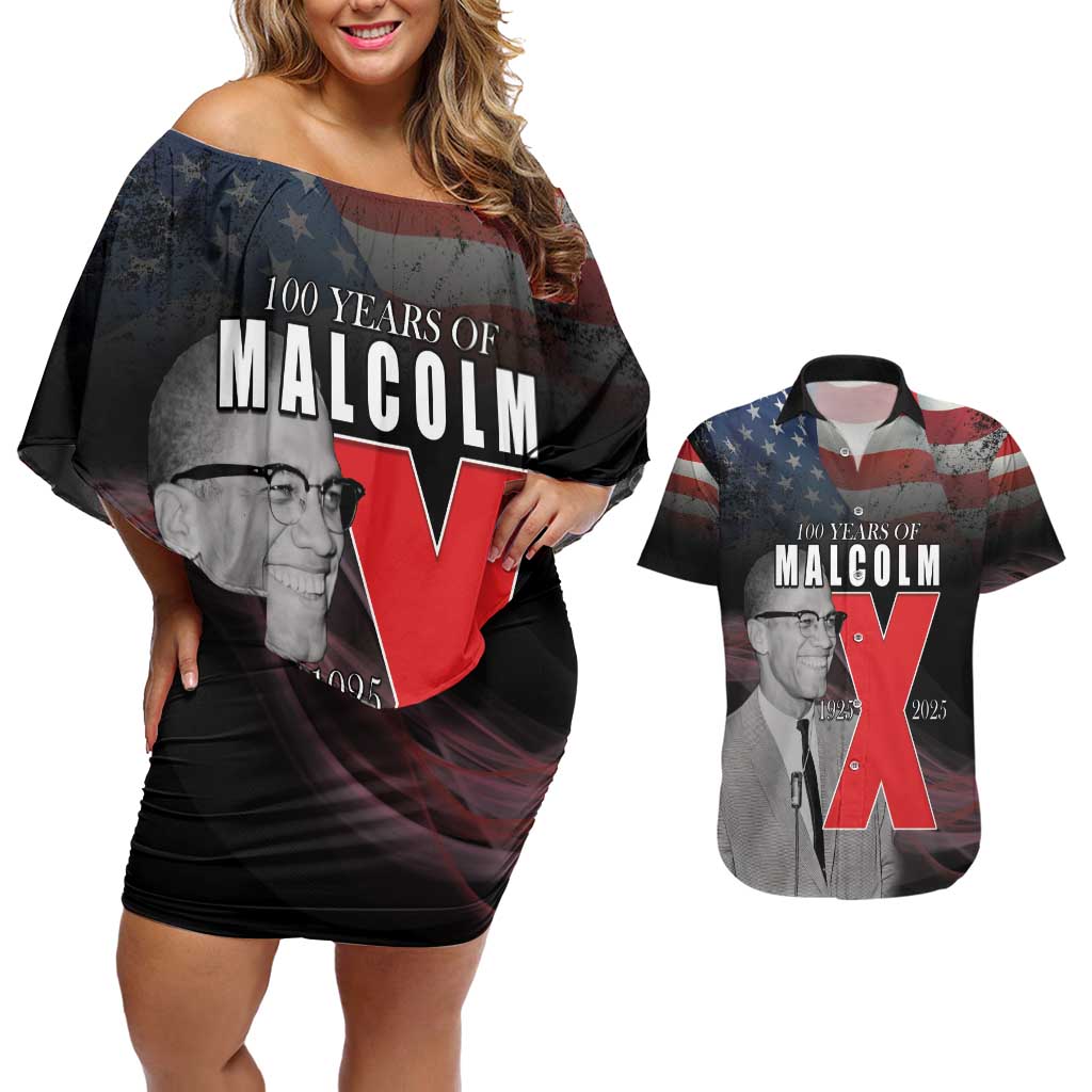 African American El Hajj Malik El Shabazz Couples Matching Off Shoulder Short Dress and Hawaiian Shirt 100 Years of Malcolm X