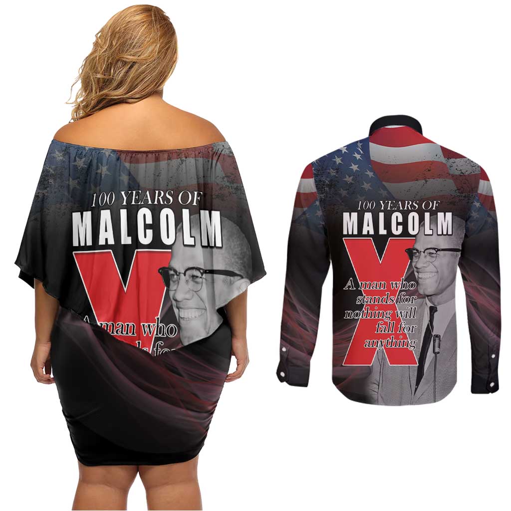 African American El Hajj Malik El Shabazz Couples Matching Off Shoulder Short Dress and Long Sleeve Button Shirt 100 Years of Malcolm X