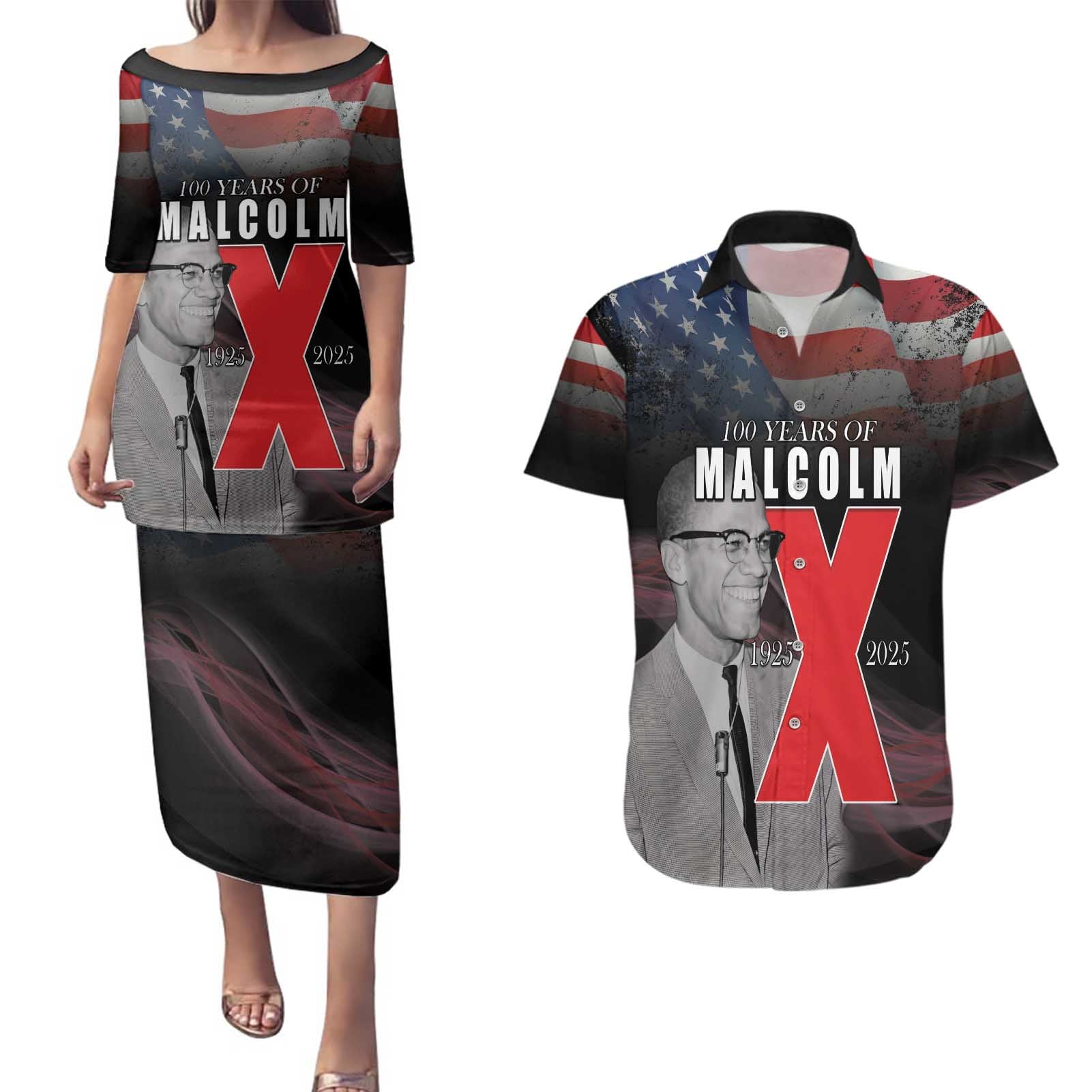 African American El Hajj Malik El Shabazz Couples Matching Puletasi and Hawaiian Shirt 100 Years of Malcolm X