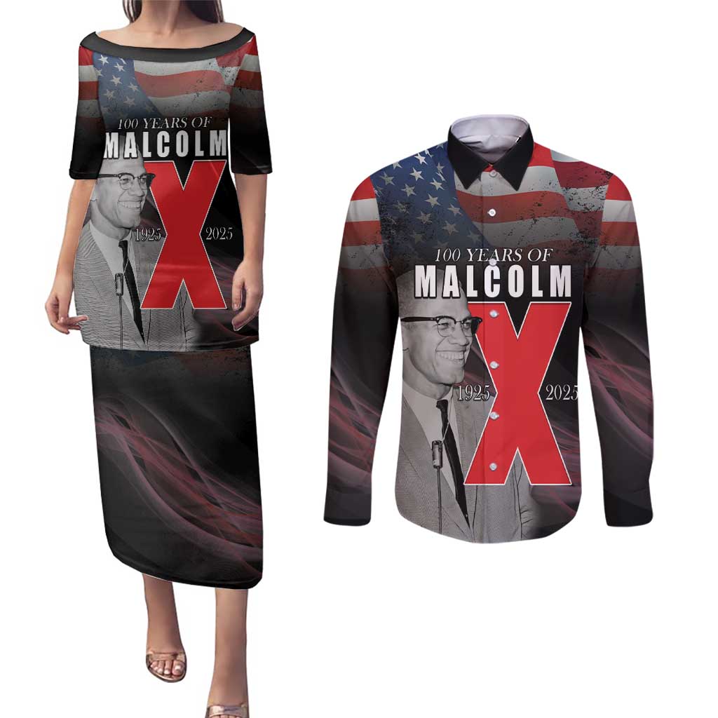African American El Hajj Malik El Shabazz Couples Matching Puletasi and Long Sleeve Button Shirt 100 Years of Malcolm X