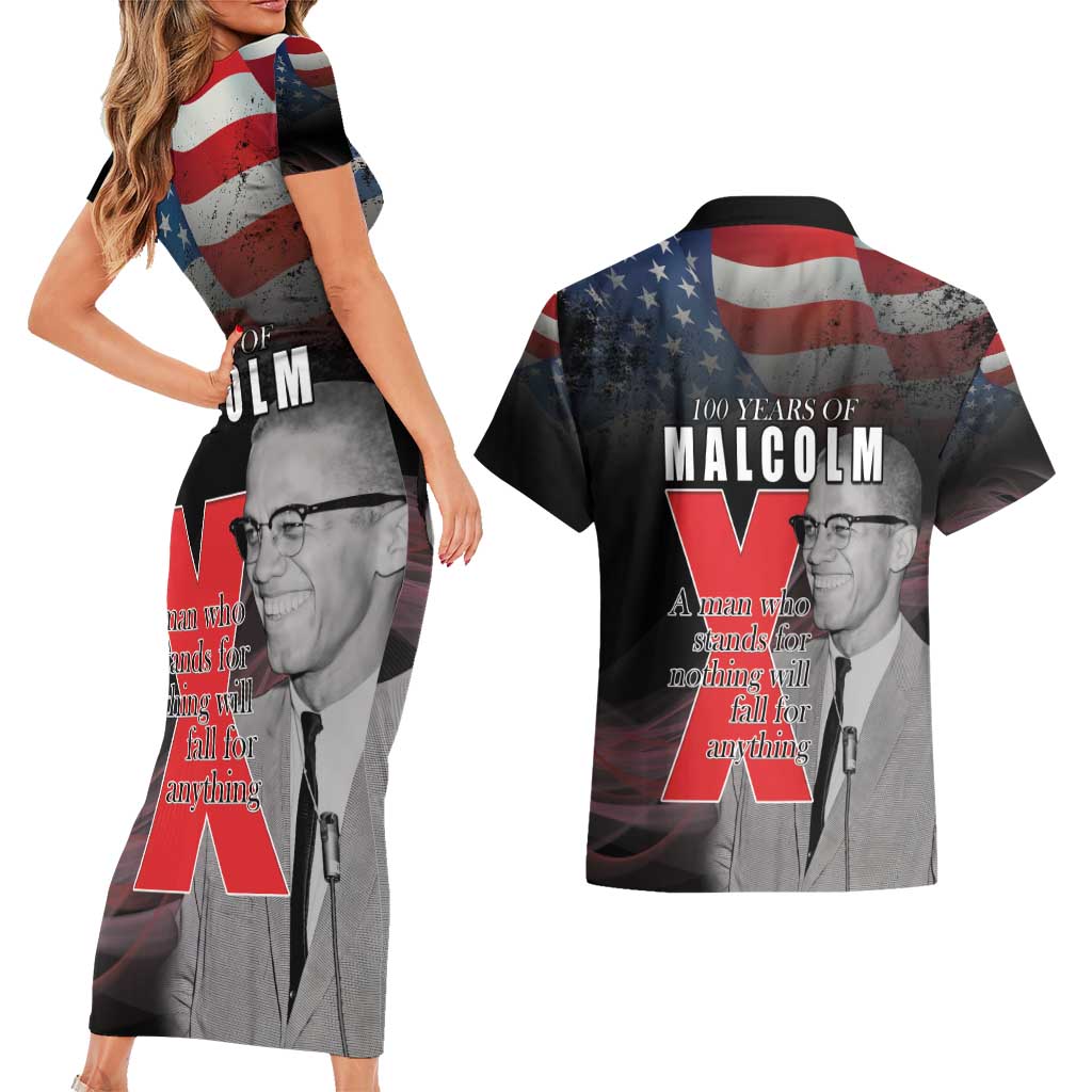 African American El Hajj Malik El Shabazz Couples Matching Short Sleeve Bodycon Dress and Hawaiian Shirt 100 Years of Malcolm X
