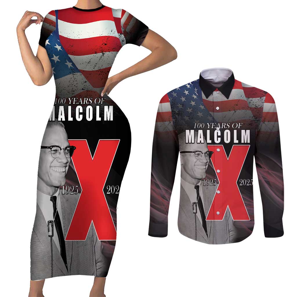 African American El Hajj Malik El Shabazz Couples Matching Short Sleeve Bodycon Dress and Long Sleeve Button Shirt 100 Years of Malcolm X