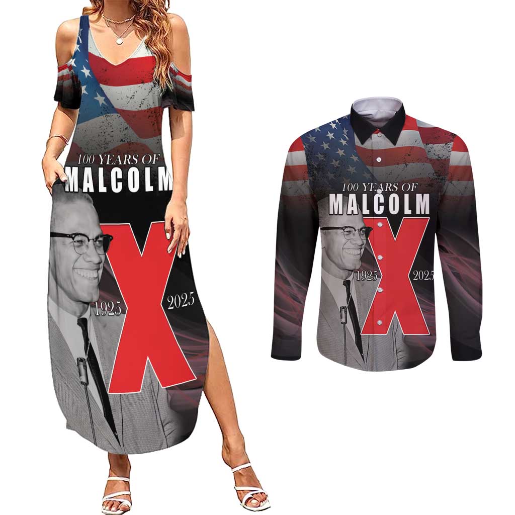 African American El Hajj Malik El Shabazz Couples Matching Summer Maxi Dress and Long Sleeve Button Shirt 100 Years of Malcolm X