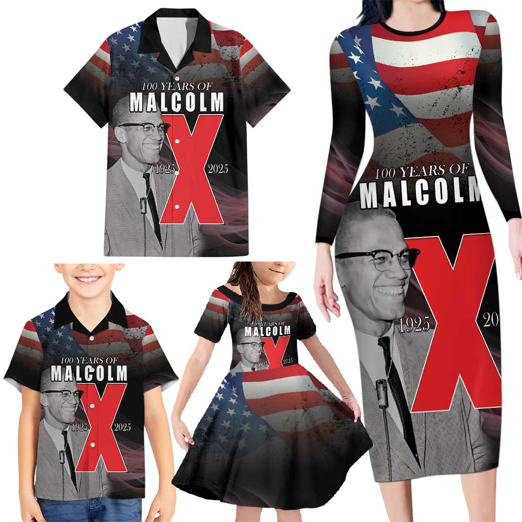 African American El Hajj Malik El Shabazz Family Matching Long Sleeve Bodycon Dress and Hawaiian Shirt 100 Years of Malcolm X