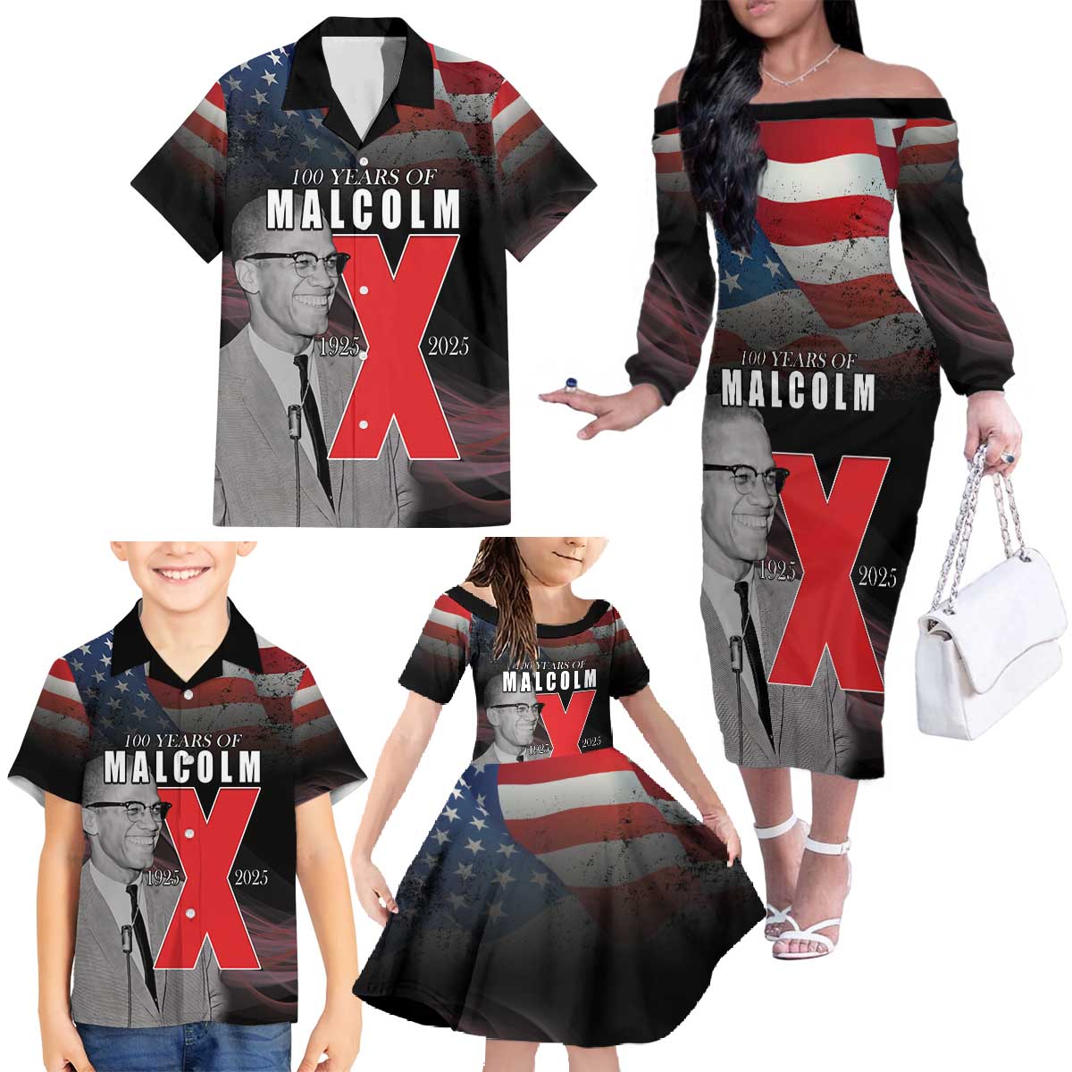 African American El Hajj Malik El Shabazz Family Matching Off The Shoulder Long Sleeve Dress and Hawaiian Shirt 100 Years of Malcolm X