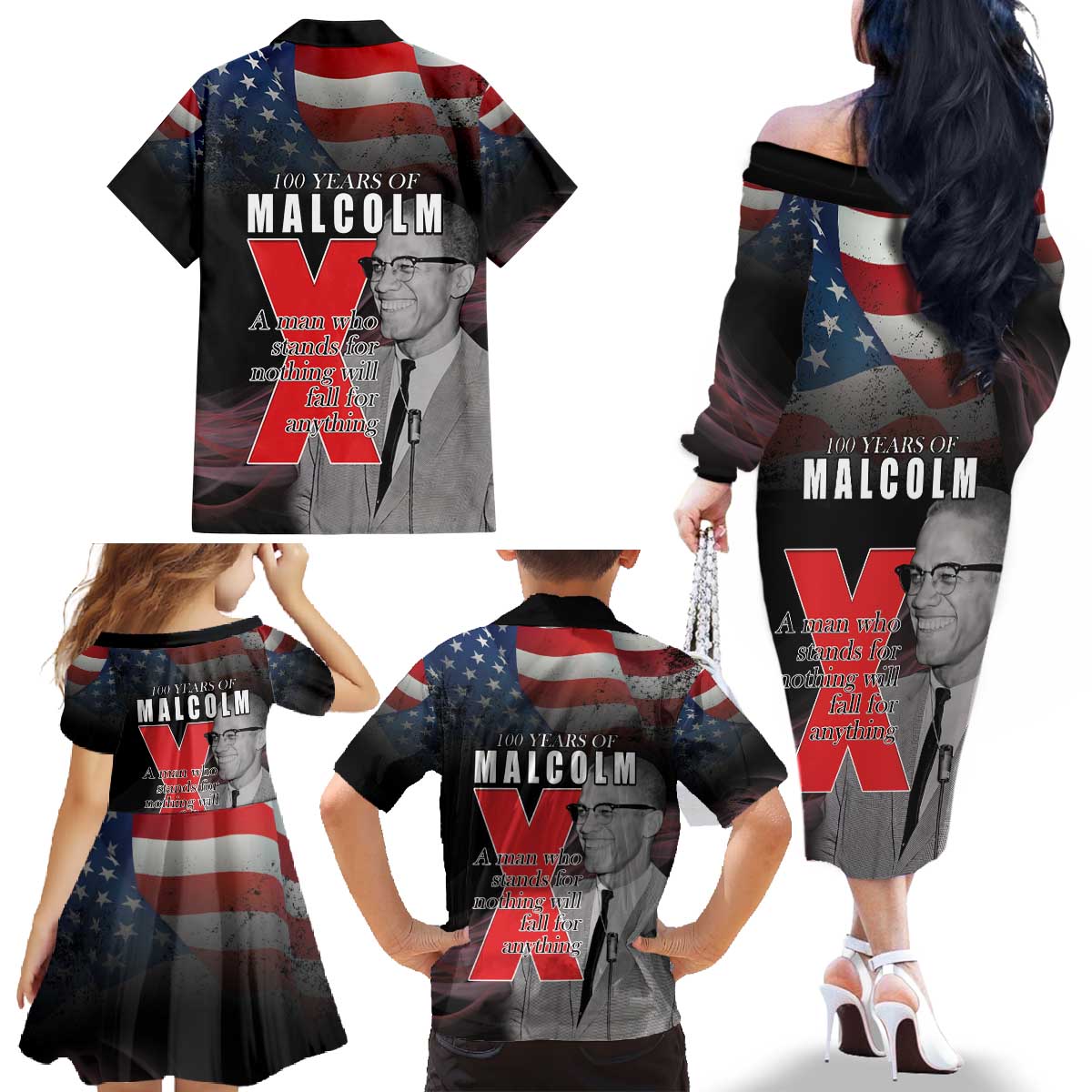 African American El Hajj Malik El Shabazz Family Matching Off The Shoulder Long Sleeve Dress and Hawaiian Shirt 100 Years of Malcolm X