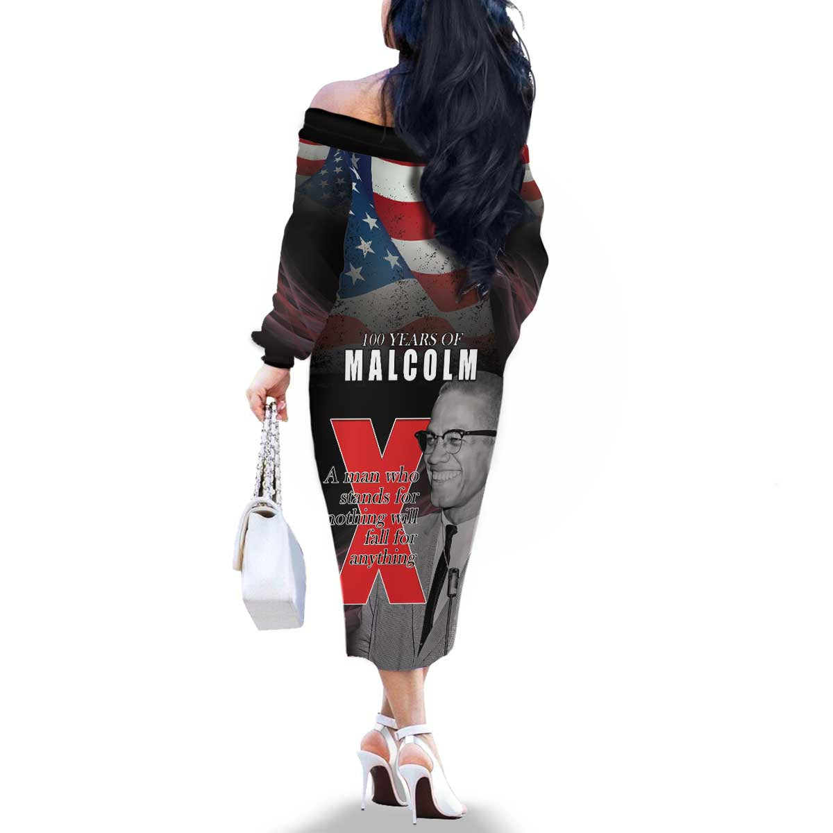 African American El Hajj Malik El Shabazz Family Matching Off The Shoulder Long Sleeve Dress and Hawaiian Shirt 100 Years of Malcolm X