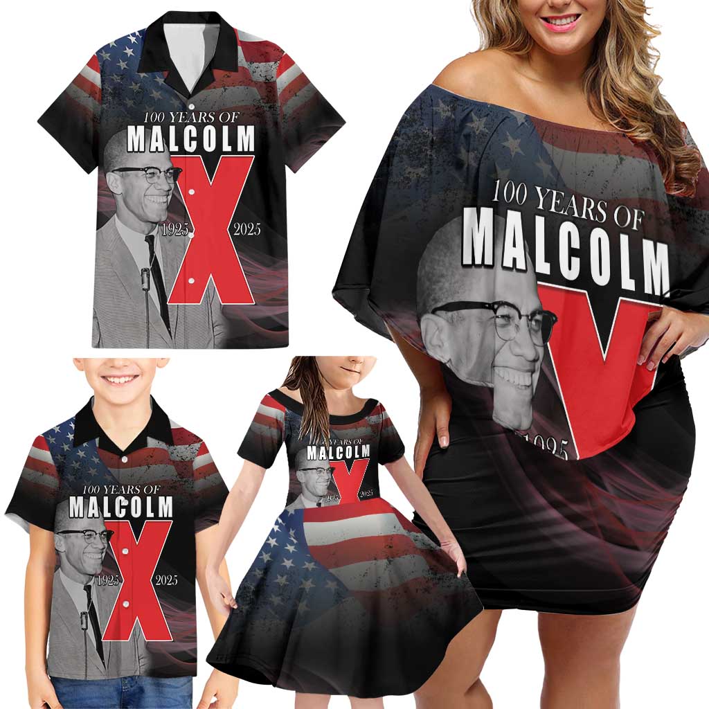African American El Hajj Malik El Shabazz Family Matching Off Shoulder Short Dress and Hawaiian Shirt 100 Years of Malcolm X