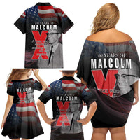 African American El Hajj Malik El Shabazz Family Matching Off Shoulder Short Dress and Hawaiian Shirt 100 Years of Malcolm X