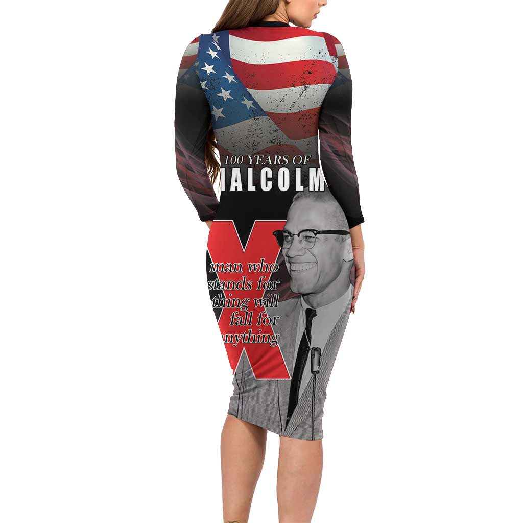 African American El Hajj Malik El Shabazz Long Sleeve Bodycon Dress 100 Years of Malcolm X