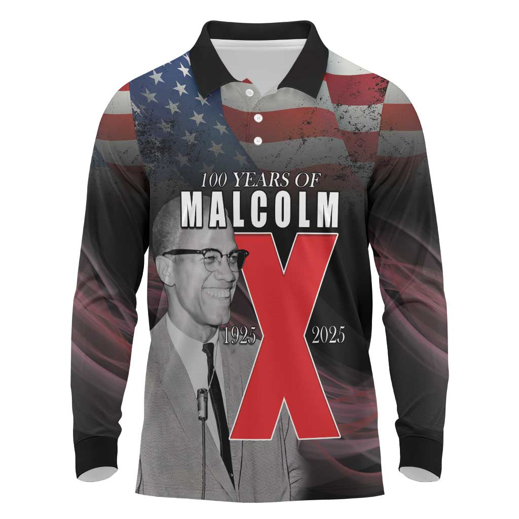 African American El Hajj Malik El Shabazz Long Sleeve Polo Shirt 100 Years of Malcolm X