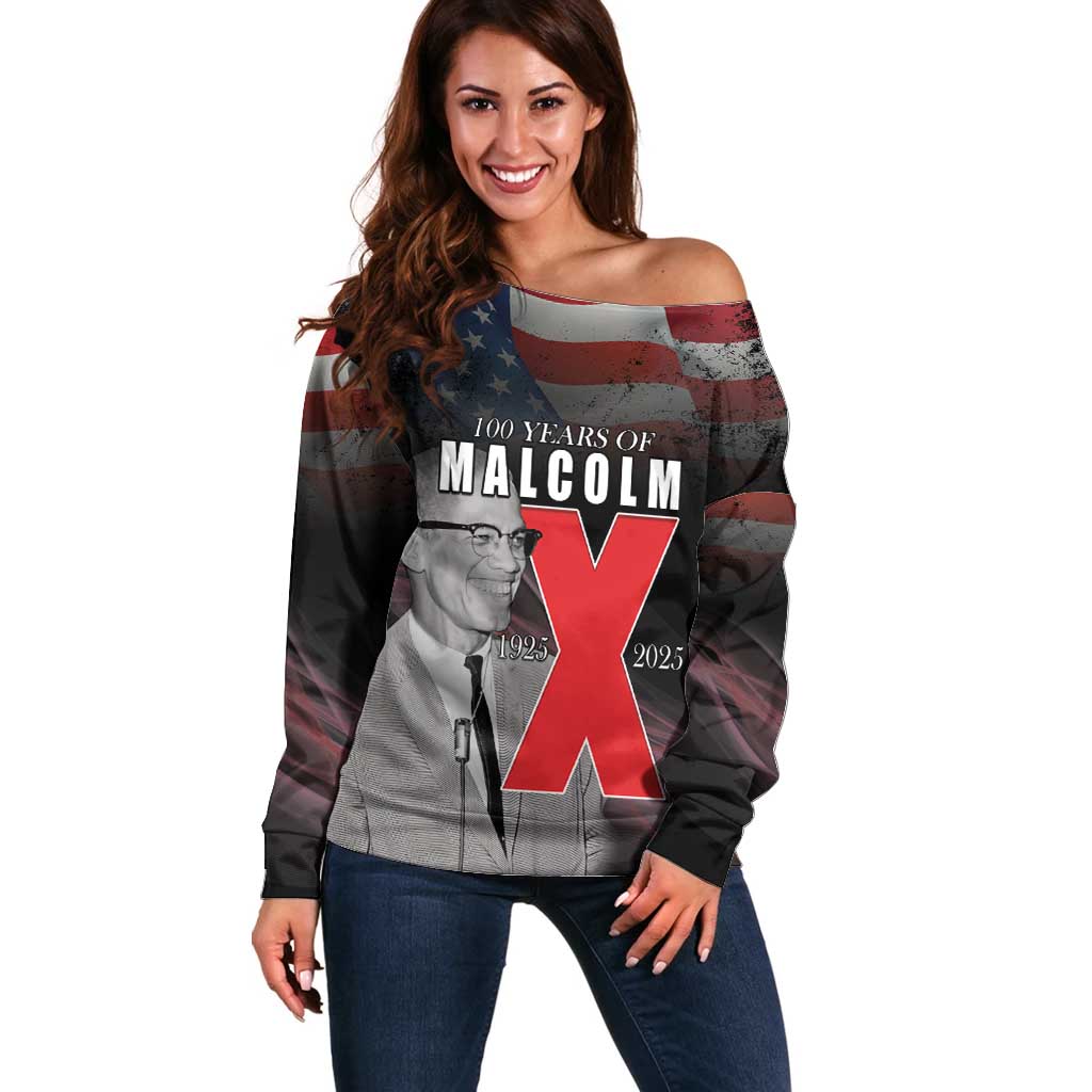 African American El Hajj Malik El Shabazz Off Shoulder Sweater 100 Years of Malcolm X
