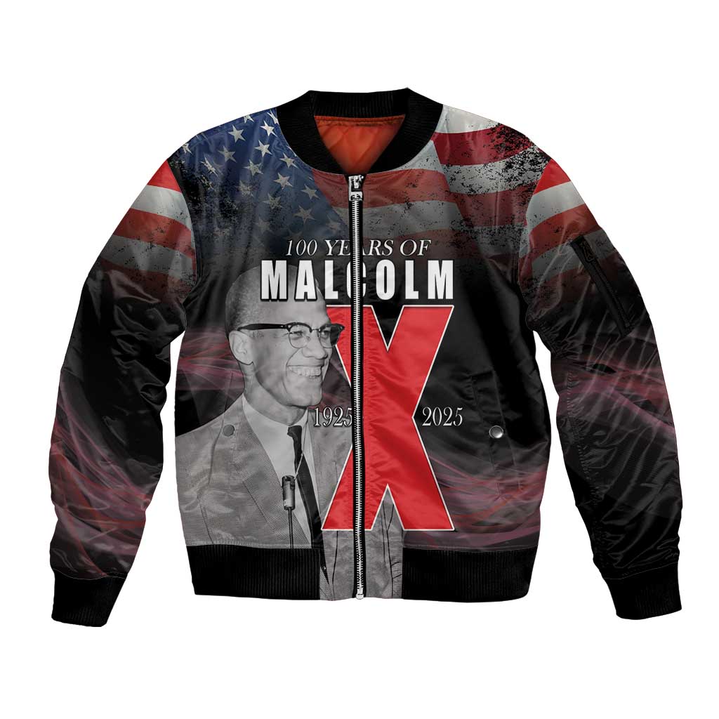 African American El Hajj Malik El Shabazz Sleeve Zip Bomber Jacket 100 Years of Malcolm X