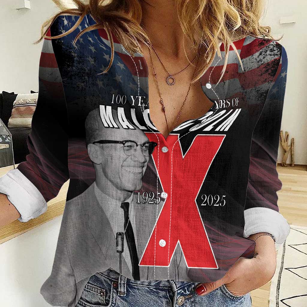 African American El Hajj Malik El Shabazz Women Casual Shirt 100 Years of Malcolm X
