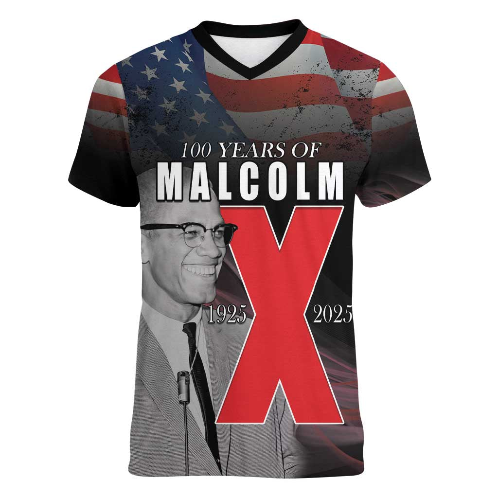 African American El Hajj Malik El Shabazz Women V-Neck T-Shirt 100 Years of Malcolm X