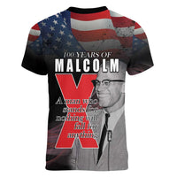 African American El Hajj Malik El Shabazz Women V-Neck T-Shirt 100 Years of Malcolm X