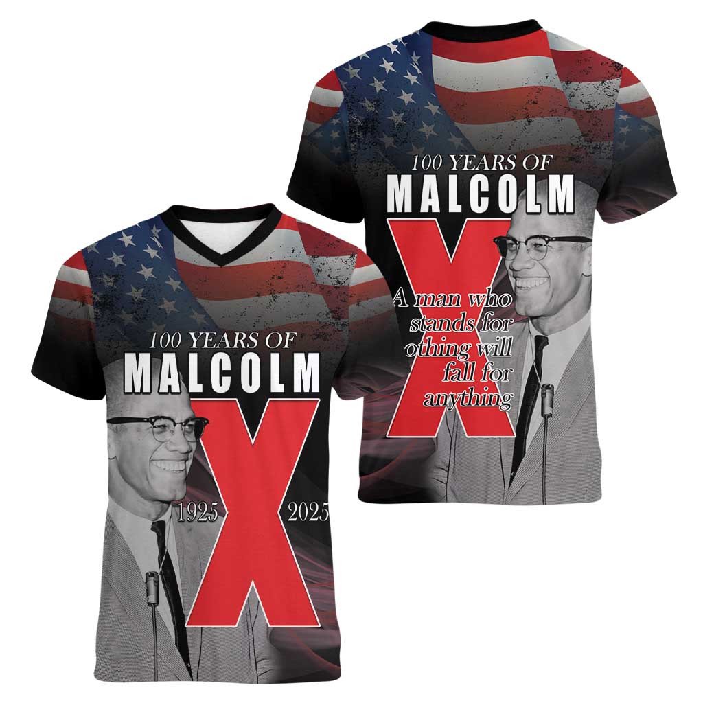 African American El Hajj Malik El Shabazz Women V-Neck T-Shirt 100 Years of Malcolm X