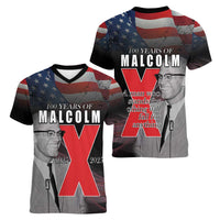 African American El Hajj Malik El Shabazz Women V-Neck T-Shirt 100 Years of Malcolm X