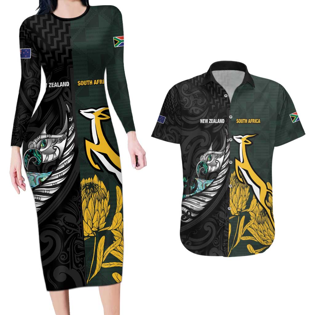 New Zealand and South Africa Rugby Custom Couples Matching Long Sleeve Bodycon Dress and Hawaiian Shirt Silver Fern With Springboks