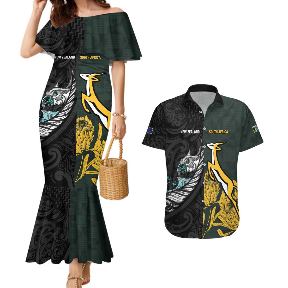New Zealand and South Africa Rugby Custom Couples Matching Mermaid Dress and Hawaiian Shirt Silver Fern With Springboks