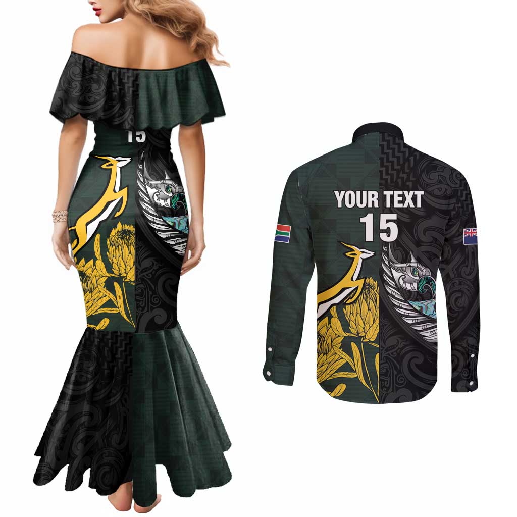 New Zealand and South Africa Rugby Custom Couples Matching Mermaid Dress and Long Sleeve Button Shirt Silver Fern With Springboks