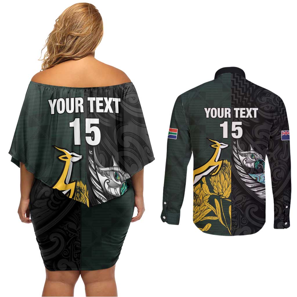 New Zealand and South Africa Rugby Custom Couples Matching Off Shoulder Short Dress and Long Sleeve Button Shirt Silver Fern With Springboks