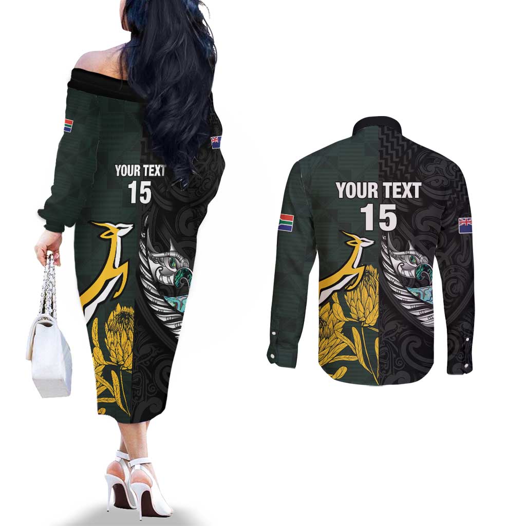 New Zealand and South Africa Rugby Custom Couples Matching Off The Shoulder Long Sleeve Dress and Long Sleeve Button Shirt Silver Fern With Springboks
