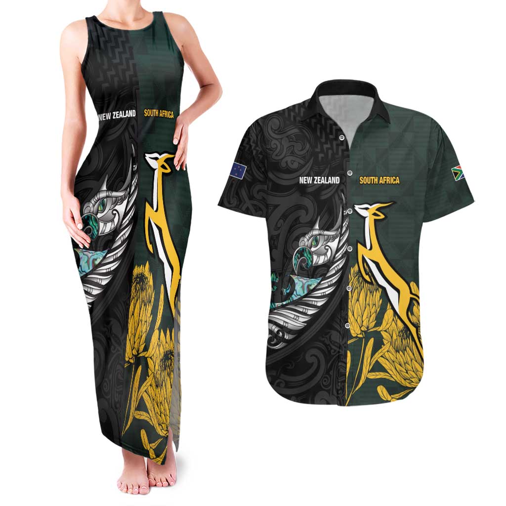 New Zealand and South Africa Rugby Custom Couples Matching Tank Maxi Dress and Hawaiian Shirt Silver Fern With Springboks