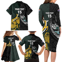 New Zealand and South Africa Rugby Custom Family Matching Long Sleeve Bodycon Dress and Hawaiian Shirt Silver Fern With Springboks