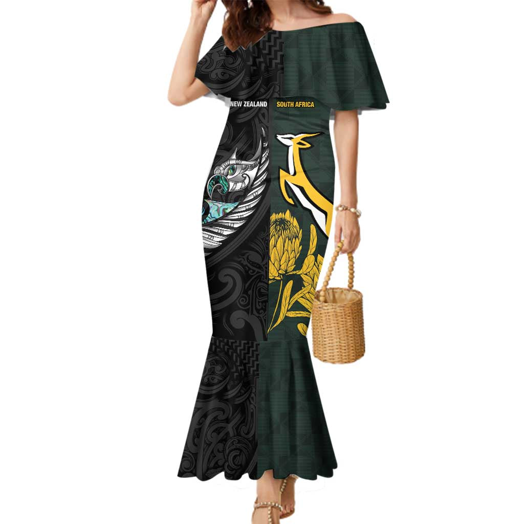 New Zealand and South Africa Rugby Custom Family Matching Mermaid Dress and Hawaiian Shirt Silver Fern With Springboks