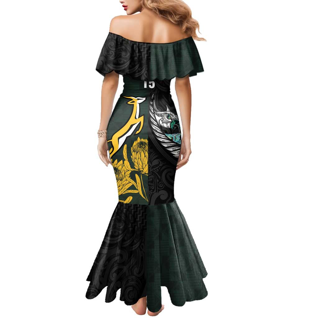 New Zealand and South Africa Rugby Custom Family Matching Mermaid Dress and Hawaiian Shirt Silver Fern With Springboks