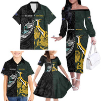 New Zealand and South Africa Rugby Custom Family Matching Off The Shoulder Long Sleeve Dress and Hawaiian Shirt Silver Fern With Springboks