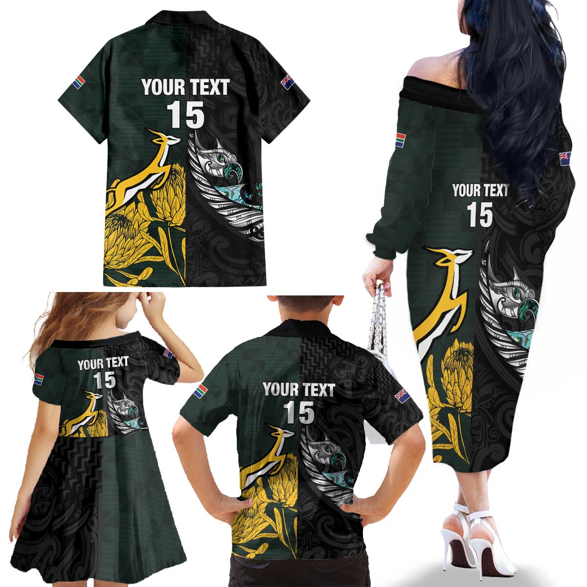 New Zealand and South Africa Rugby Custom Family Matching Off The Shoulder Long Sleeve Dress and Hawaiian Shirt Silver Fern With Springboks