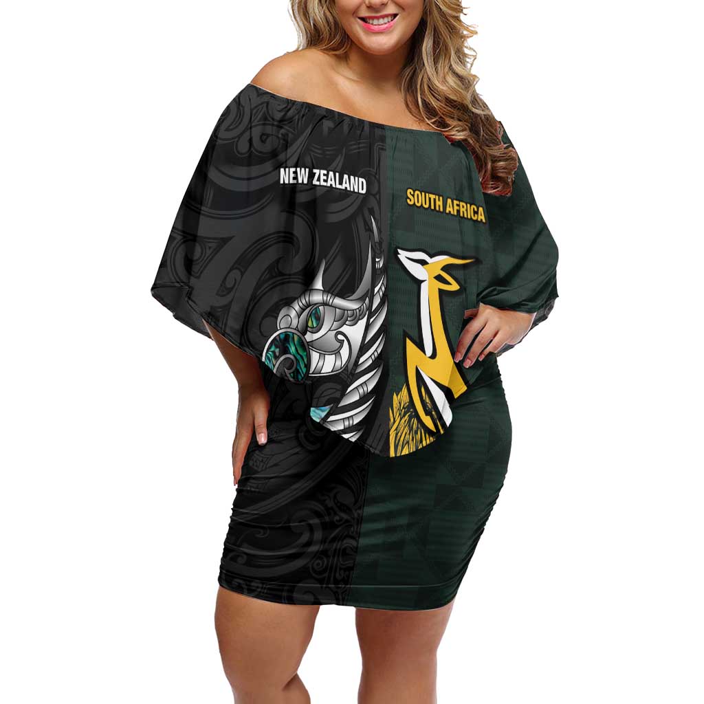 New Zealand and South Africa Rugby Custom Family Matching Off Shoulder Short Dress and Hawaiian Shirt Silver Fern With Springboks